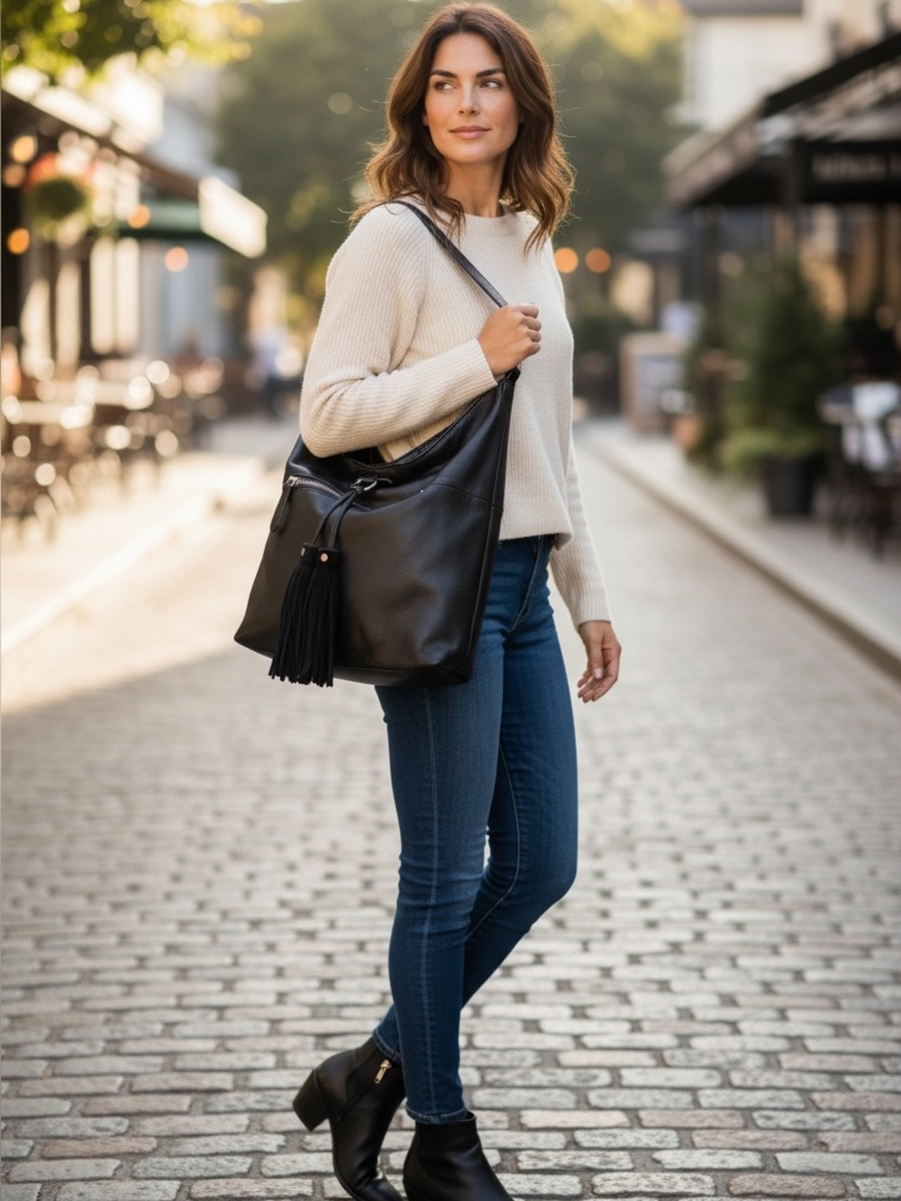 Frye Genuine Black Leather Hobo Bag with Tassel Accent